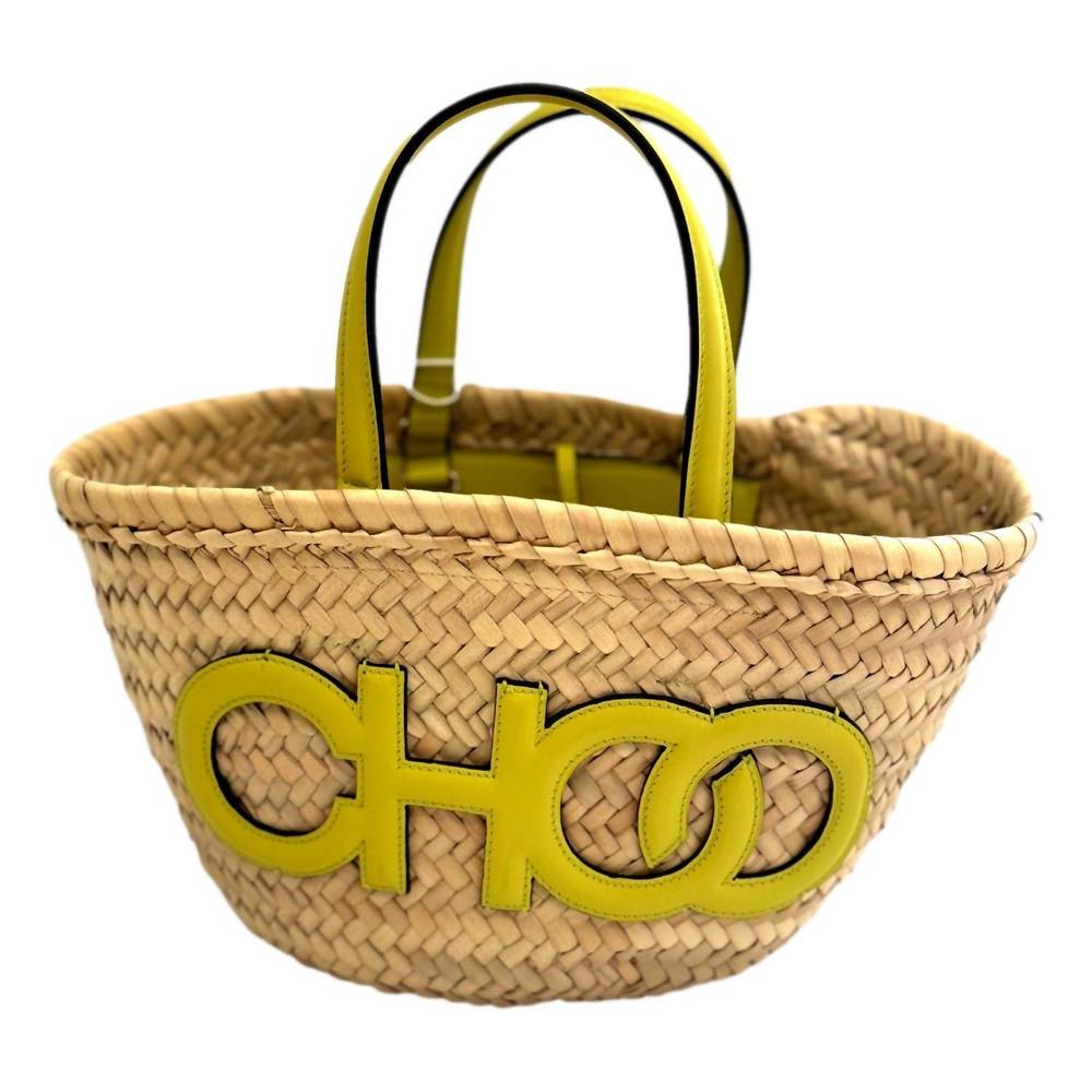 NEW JIMMY CHOO women's logo crossbody tote bag in natural raffia citron yellow t